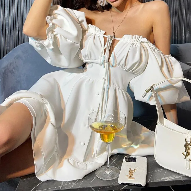 レディースオフショルダーミニドレス 夏用無地サンドレス 半袖 - Off Shoulder Puff Sleeve Sundress のレビューと価格