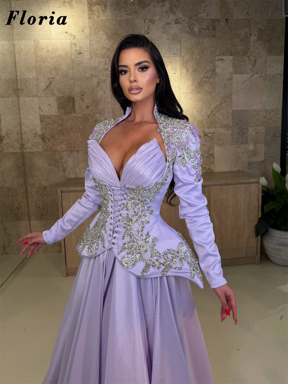 ライラックエレガントな 3 ピースビーズプロムドレスアラビア - Elegant Satin Evening Gown Split のレビューと価格