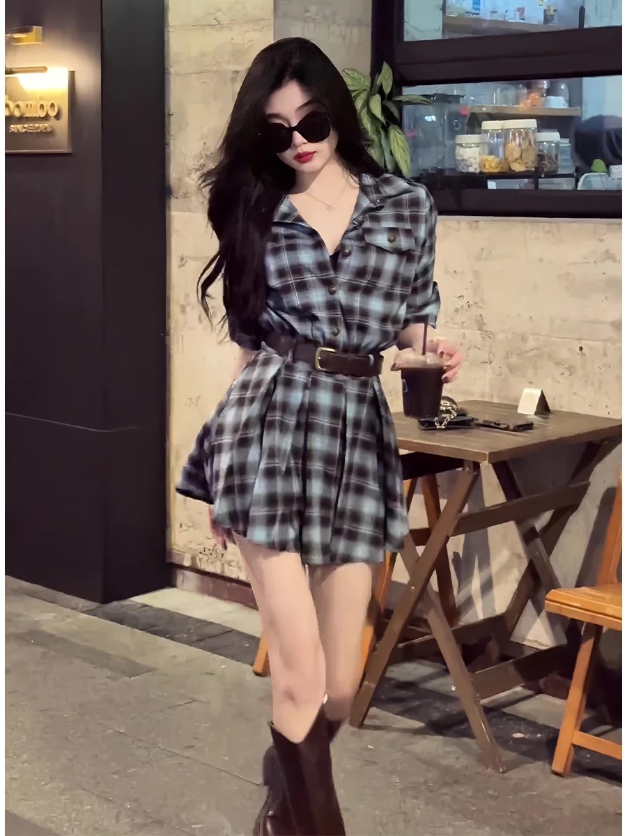 韓国風チェック柄シャツワンピースデザインセンセーション初秋ハ - Korean Style A Line Shirt Dress のレビューと価格