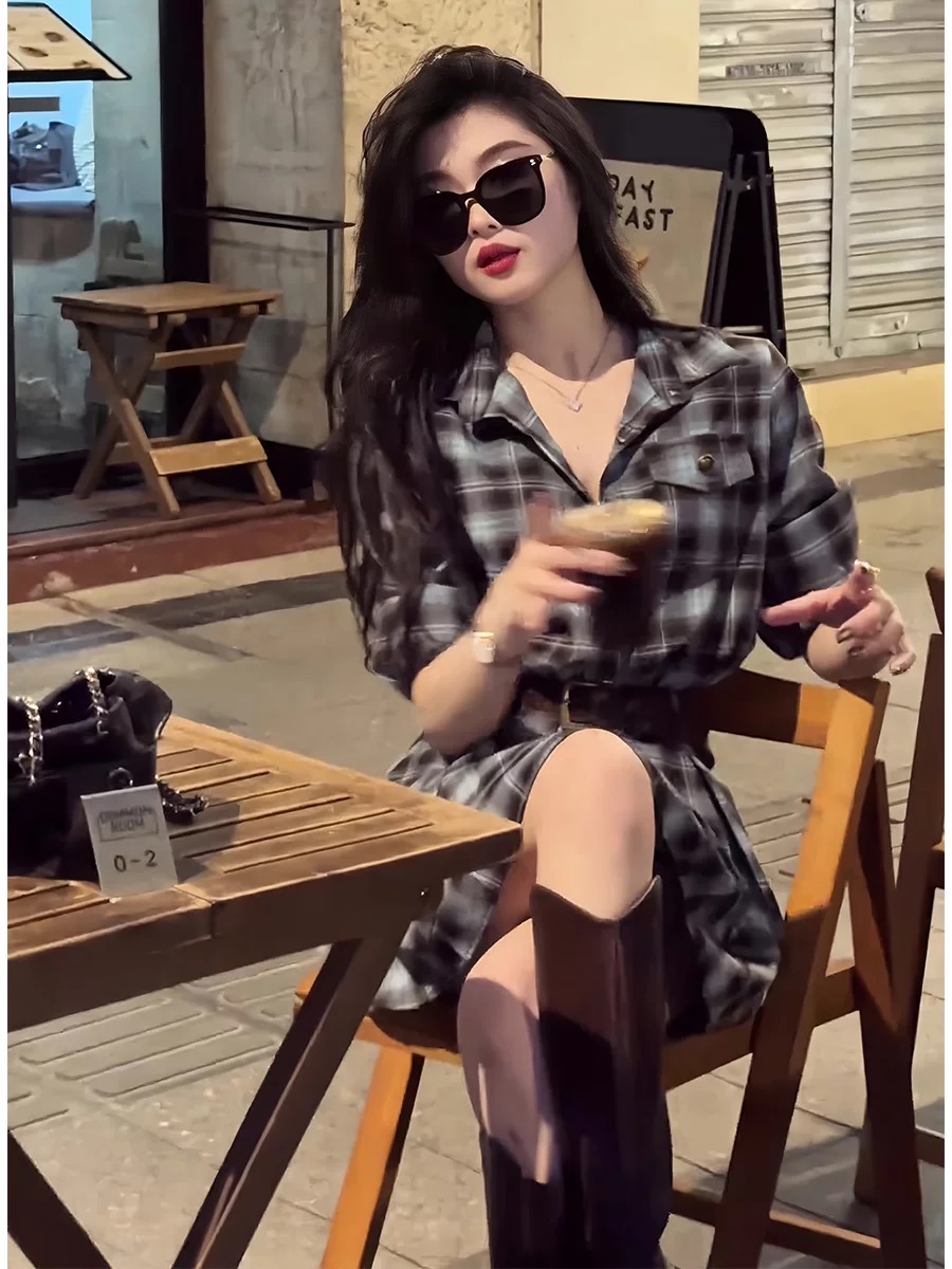 韓国風チェック柄シャツワンピースデザインセンセーション初秋ハ - Korean Style A Line Shirt Dress のレビューと価格