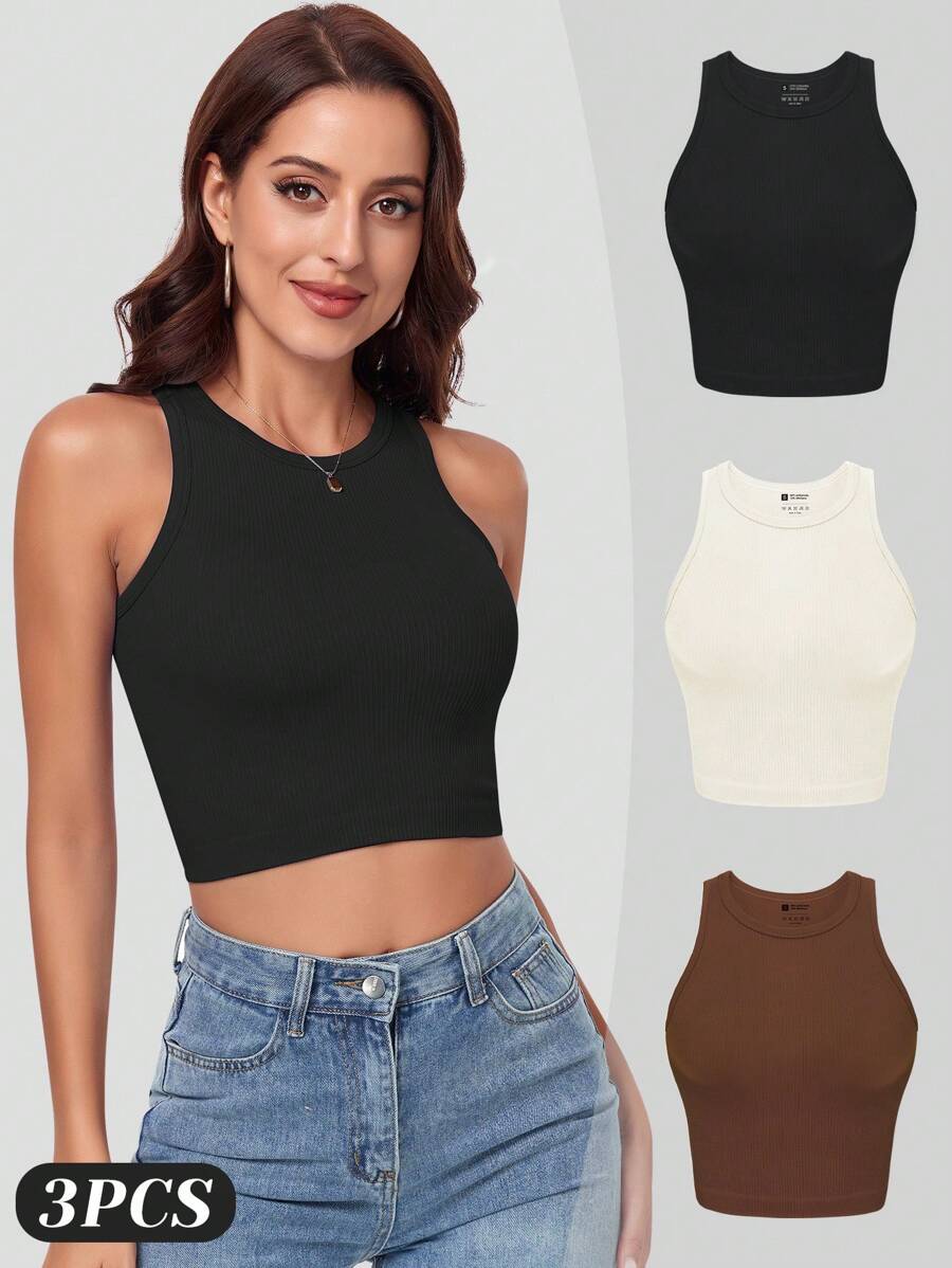 VVX レディース 3枚組 クロップドタンクトップ ベーシッ - Seamless Ribbed Workout Tank Top のレビューと価格