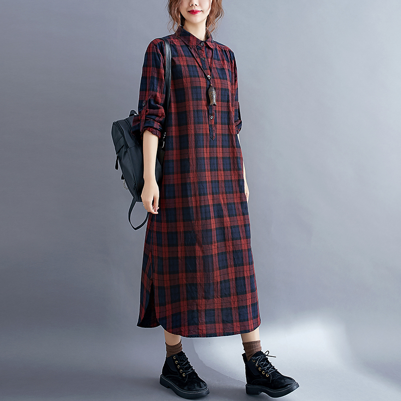 カジュアルチェック柄長袖シャツドレス女性の春秋のファッション - Korean Style A Line Shirt Dress のレビューと価格