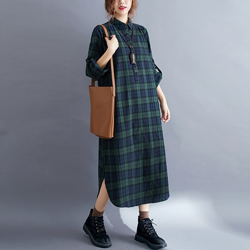 カジュアルチェック柄長袖シャツドレス女性の春秋のファッション - Korean Style A Line Shirt Dress のレビューと価格
