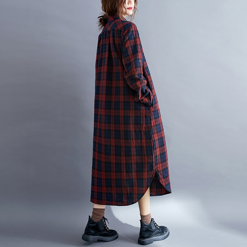 カジュアルチェック柄長袖シャツドレス女性の春秋のファッション - Korean Style A Line Shirt Dress のレビューと価格
