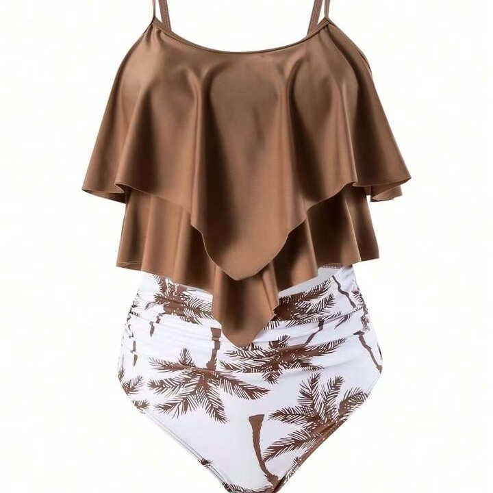 女性ビキニフリルトップハイウエストボトムパームプリントビキニ - Swimwear のレビューと価格