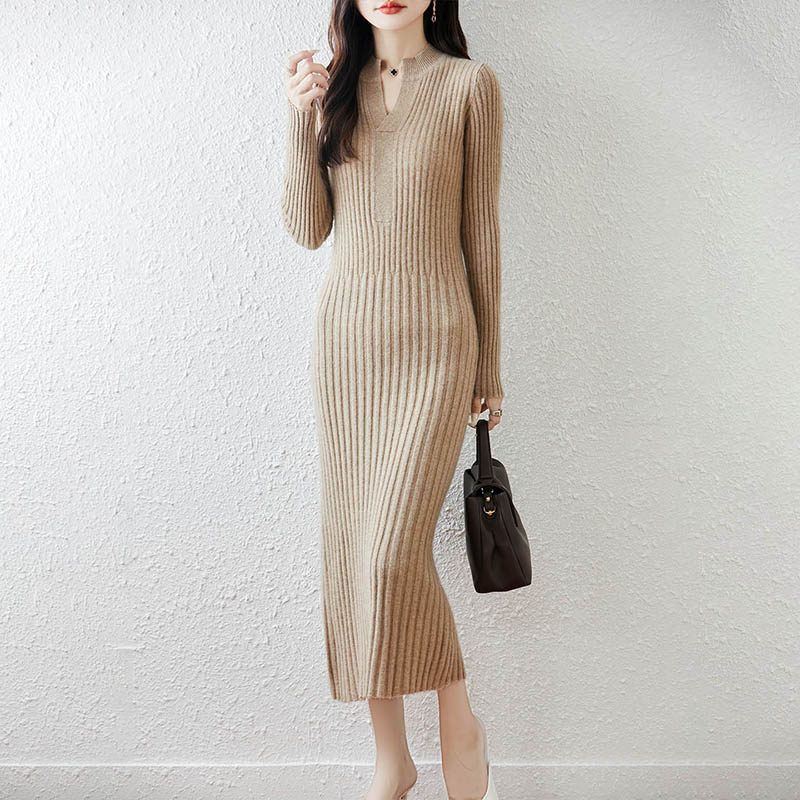 スマートミニマリストリブ編み2025年レディースロングVネッ - Bodycon Long Sleeve Ribbed Dress のレビューと価格