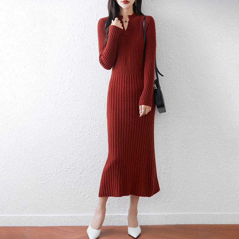スマートミニマリストリブ編み2025年レディースロングVネッ - Bodycon Long Sleeve Ribbed Dress のレビューと価格