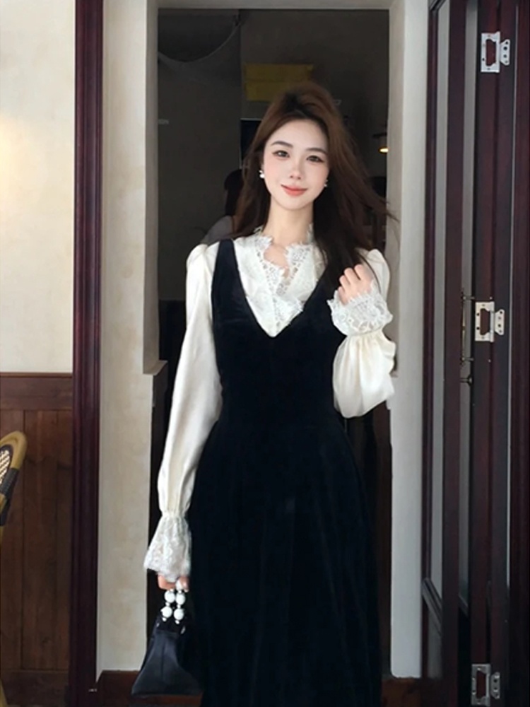 XZY シックなレースパッチワークシルクシャツ女性の初秋ベル - Korean Style A Line Shirt Dress のレビューと価格
