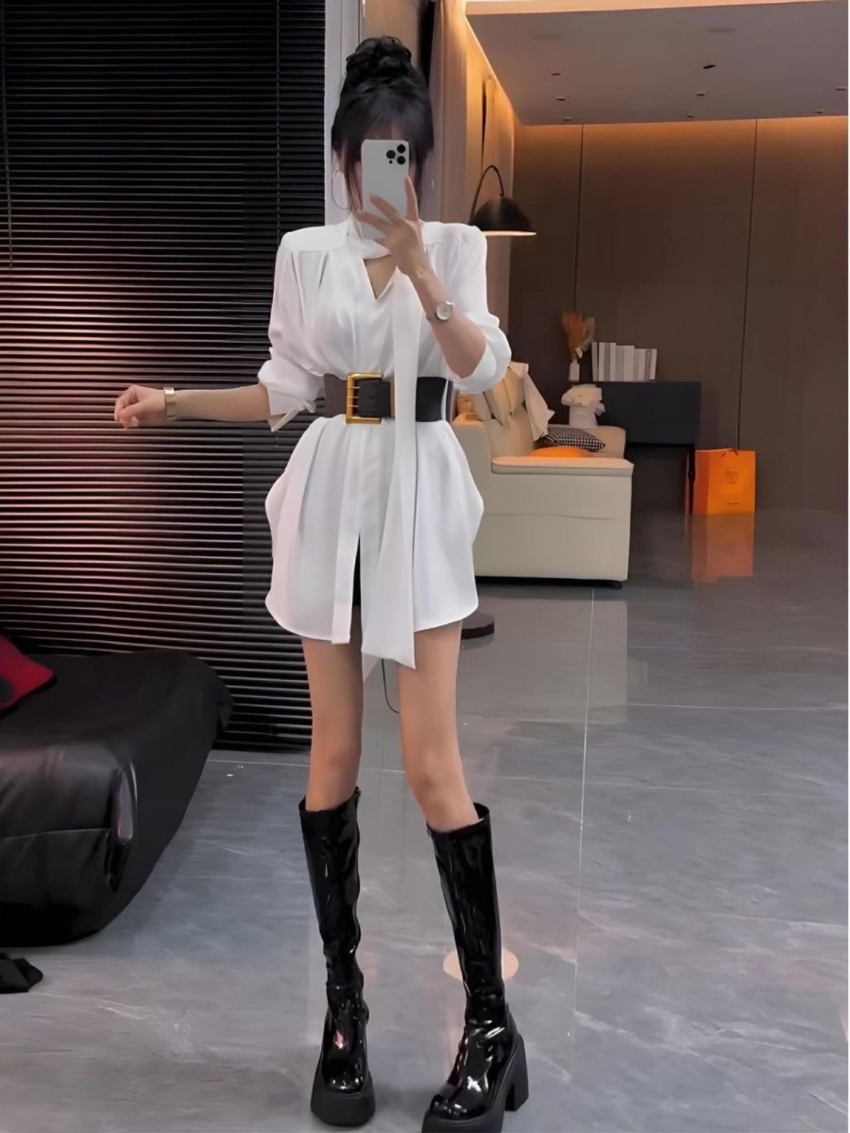 ホワイトシルクシャツドレス女性の秋ハイウエストAラインショー - Korean Style A Line Shirt Dress のレビューと価格