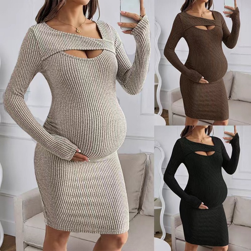 マタニティウェア 長袖リブドレス 妊婦用 ホローアウト スリ - Bodycon Long Sleeve Ribbed Dress のレビューと価格