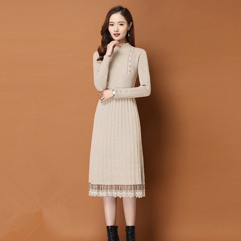 レース裾ボタン女性秋冬セーターニットラインドレスリブスリム弾 - Bodycon Long Sleeve Ribbed Dress のレビューと価格