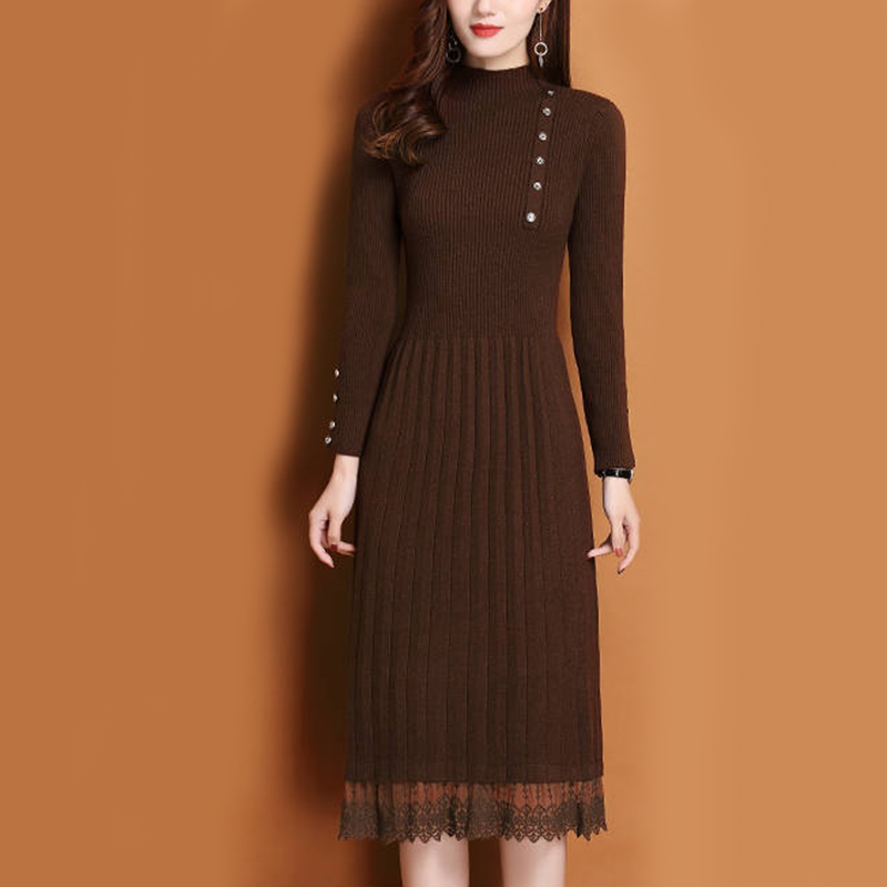 レース裾ボタン女性秋冬セーターニットラインドレスリブスリム弾 - Bodycon Long Sleeve Ribbed Dress のレビューと価格