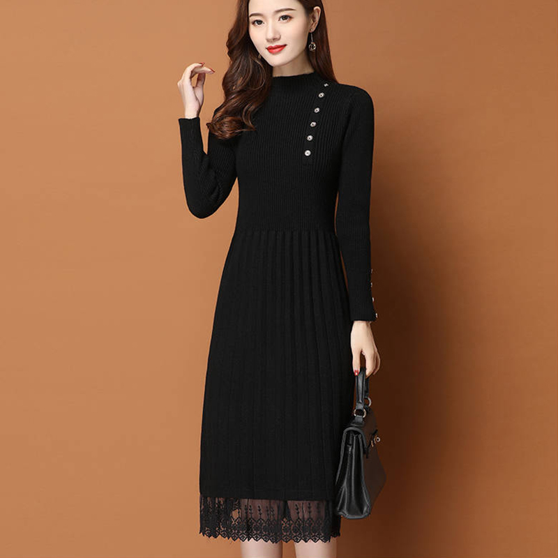 レース裾ボタン女性秋冬セーターニットラインドレスリブスリム弾 - Bodycon Long Sleeve Ribbed Dress のレビューと価格