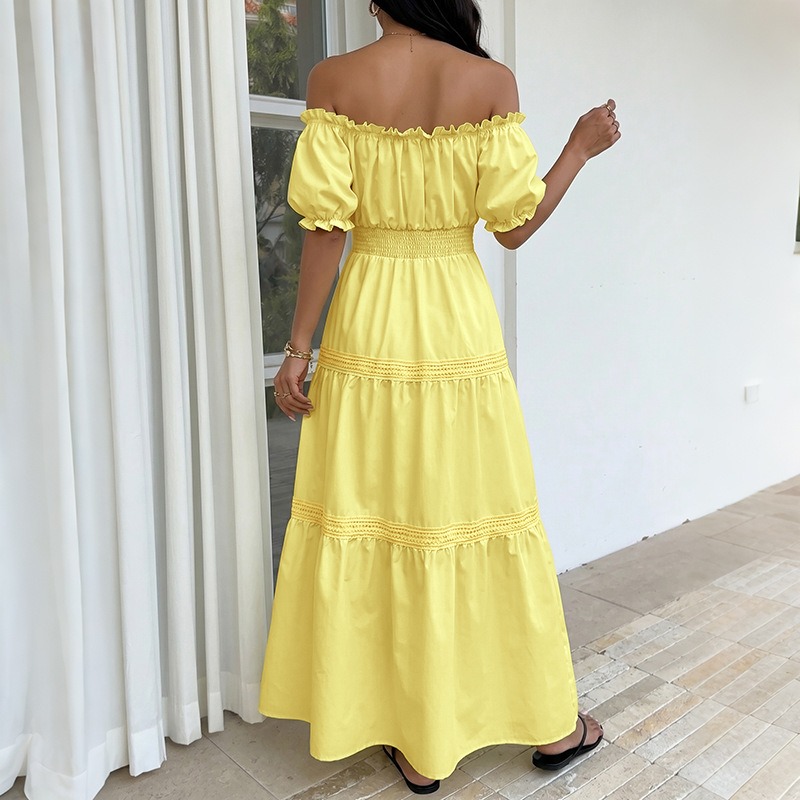 夏のボヘミアンスタイル、女性用イエローオフショルダーコルセッ - Off Shoulder Puff Sleeve Sundress のレビューと価格