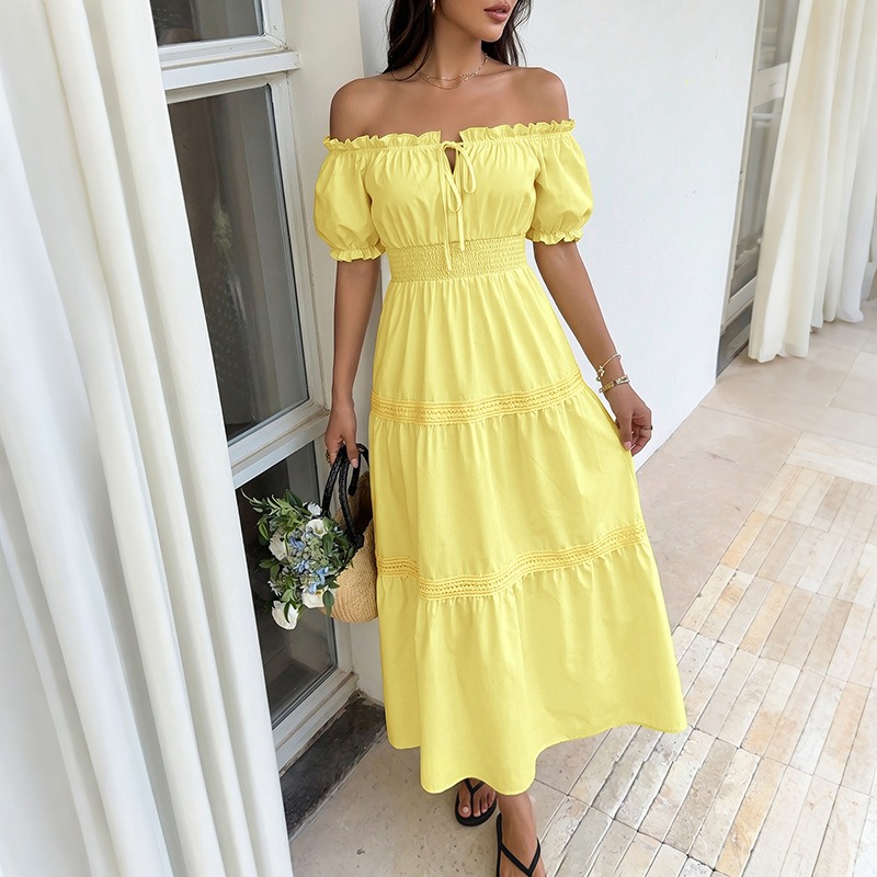 夏のボヘミアンスタイル、女性用イエローオフショルダーコルセッ - Off Shoulder Puff Sleeve Sundress のレビューと価格