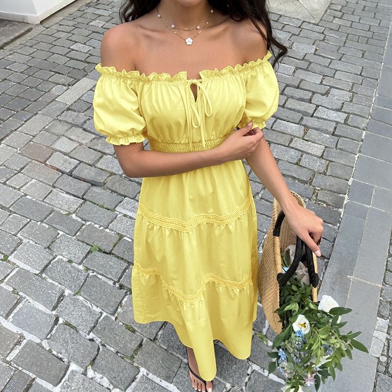 夏のボヘミアンスタイル、女性用イエローオフショルダーコルセッ - Off Shoulder Puff Sleeve Sundress のレビューと価格
