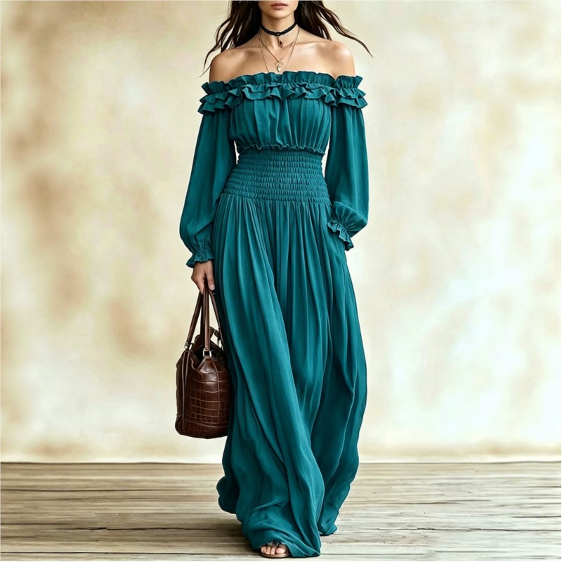 オフショルダーファッションマキシドレス レディース 秋 ラッ - Off Shoulder Puff Sleeve Sundress のレビューと価格