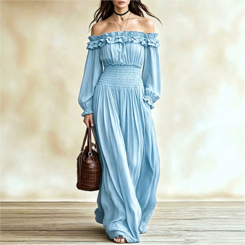 オフショルダーファッションマキシドレス レディース 秋 ラッ - Off Shoulder Puff Sleeve Sundress のレビューと価格