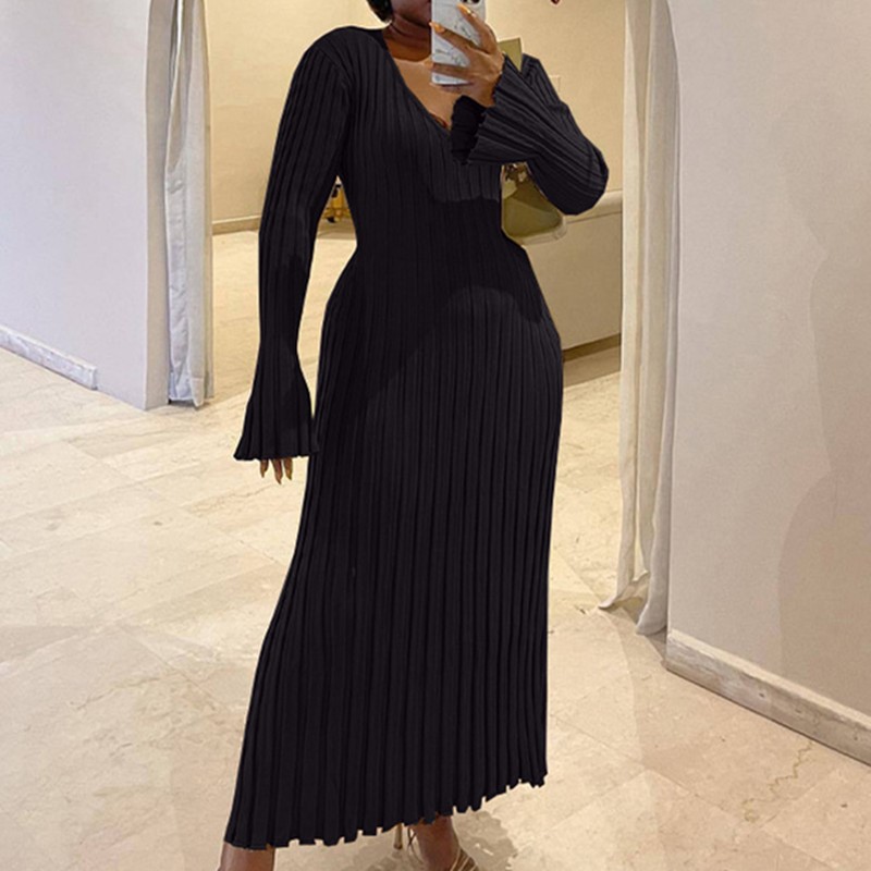 女性の秋の V ネックニットスカートファッションリブ長袖ハイ - Bodycon Long Sleeve Ribbed Dress のレビューと価格