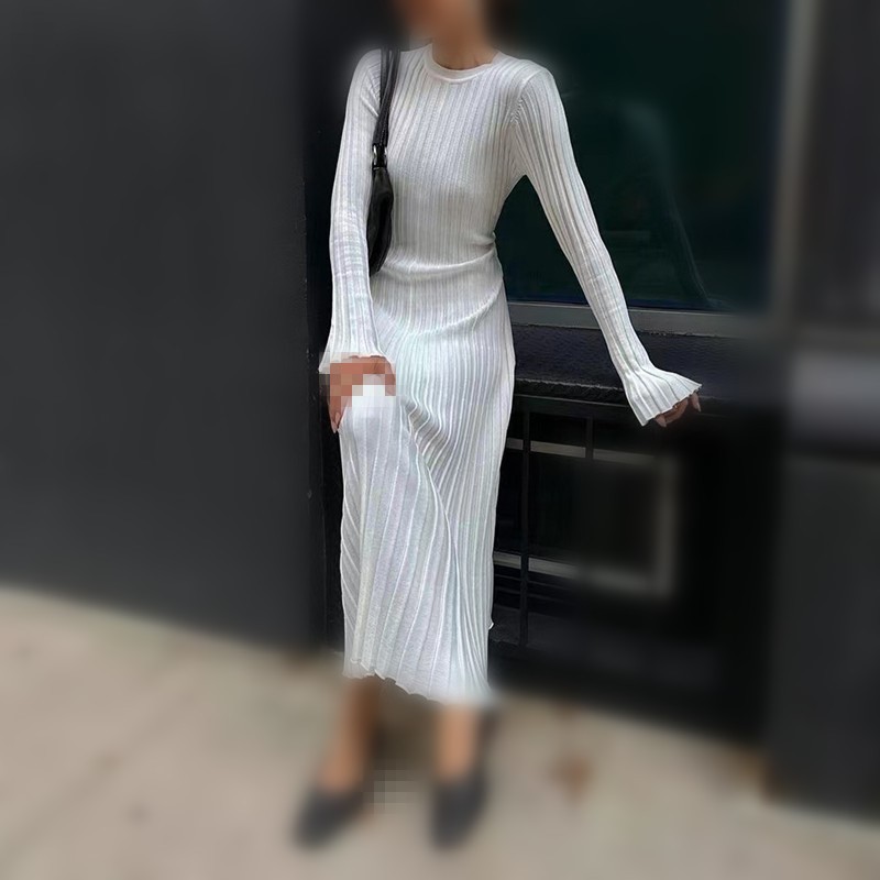 女性の秋の V ネックニットスカートファッションリブ長袖ハイ - Bodycon Long Sleeve Ribbed Dress のレビューと価格