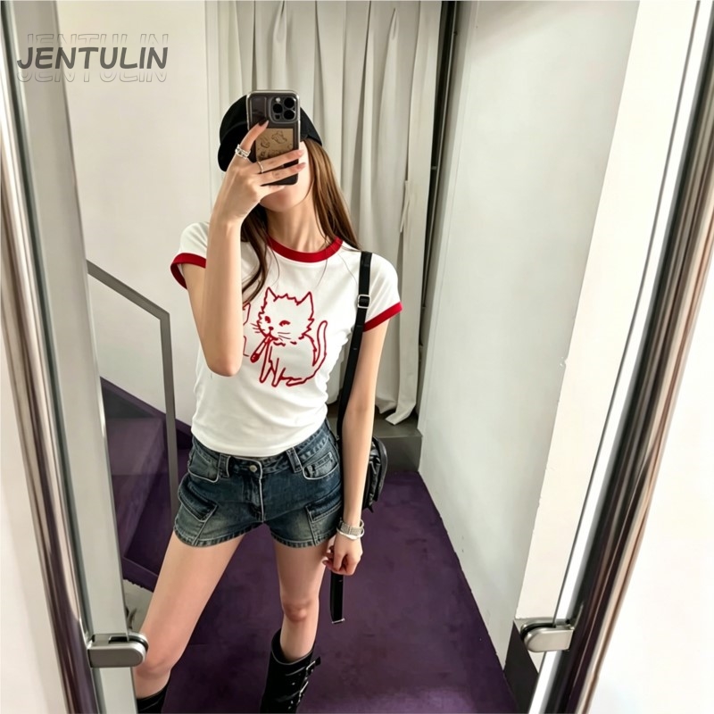 韓国スタイルY2K 90年代クロップトップ原宿ストリートウェ - Y2K Graphic Baby Tee Crop のレビューと価格