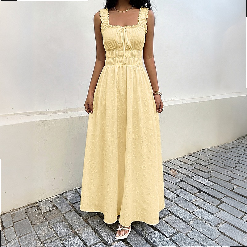 夏のノースリーブスクエアネックドレスフレンチヴィンテージロン - Boho Summer Beach Maxi Dress のレビューと価格