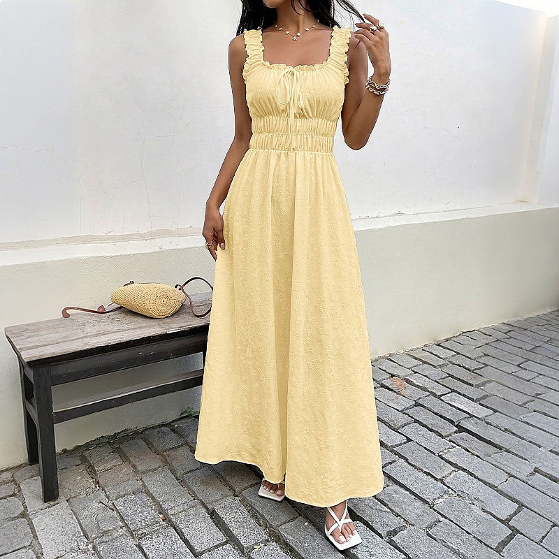 夏のノースリーブスクエアネックドレスフレンチヴィンテージロン - Boho Summer Beach Maxi Dress のレビューと価格