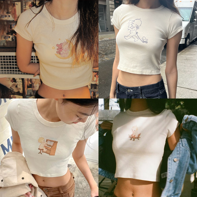 女性用半袖ラウンドネックTシャツ,サマースタイル,コットン, - Y2K Graphic Baby Tee Crop のレビューと価格