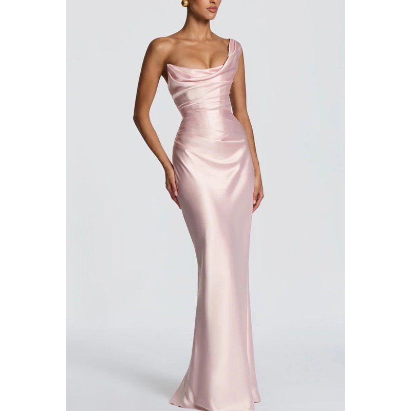セクシーなスリムサテンドレス、エレガントでシックなプリーツワ - Elegant Satin Evening Gown Split のレビューと価格