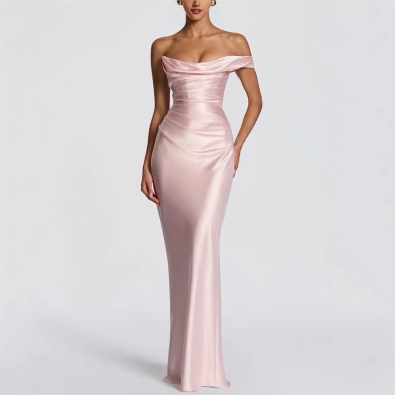 セクシーなスリムサテンドレス、エレガントでシックなプリーツワ - Elegant Satin Evening Gown Split のレビューと価格