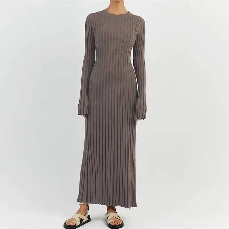 女性エレガントリブニットフルスリーブマキシドレスクルーネック - Bodycon Long Sleeve Ribbed Dress のレビューと価格
