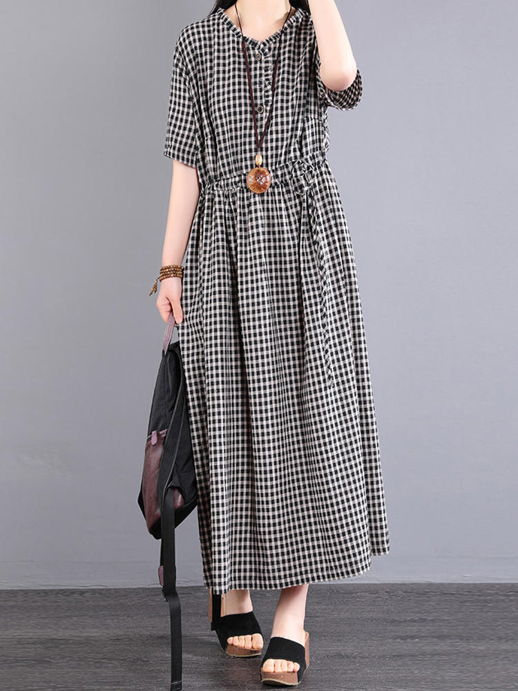 レトロな和風コットンリネンシャツドレス、フリル付き半袖、格子 - Skirts のレビューと価格