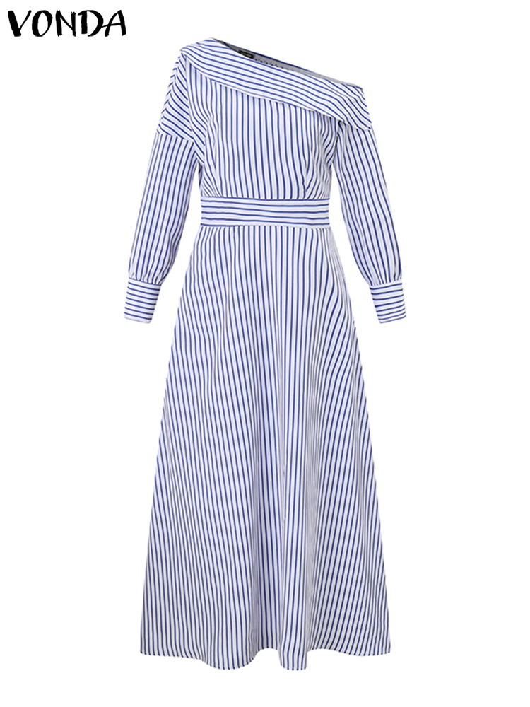Vonda-女性の裸の肩のストライプのイブニングドレス,エレ - Off Shoulder Puff Sleeve Sundress のレビューと価格