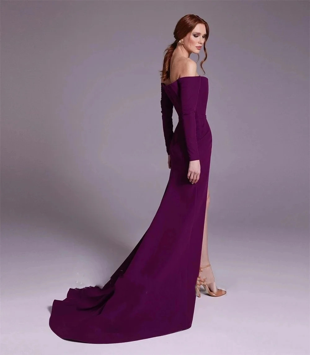 エレガントなサテンのイブニングドレス,裸の肩,ボートネック, - Elegant Satin Evening Gown Split のレビューと価格
